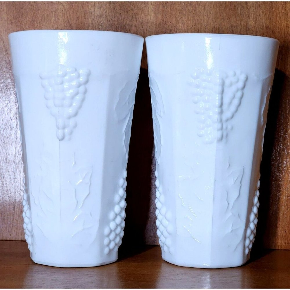 2 Colony Harvest Milk Glass Tumbler Cooler 5.75"  grape leaves embossed glasses